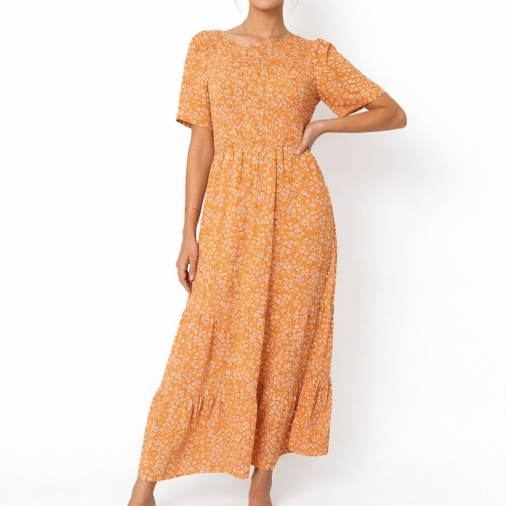 Kranda Maxi Dress Women M Yellow Floral Smocked Tiered Short Sleeve Cottagecore